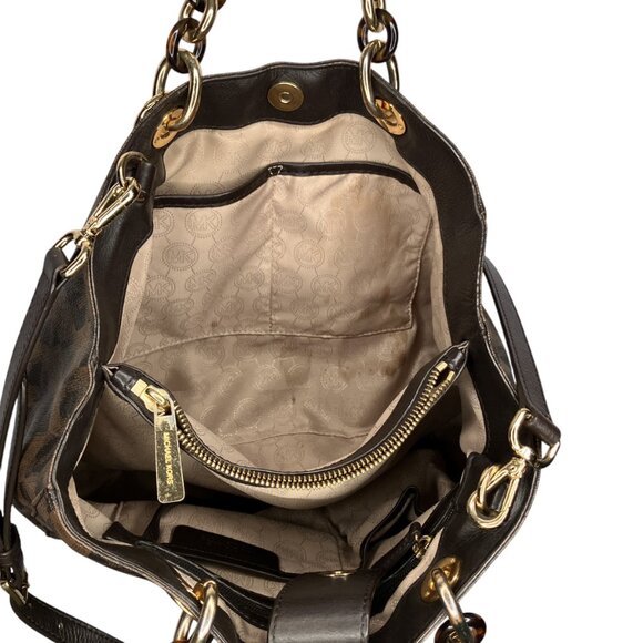 Michael Kors Cynthia Medium Brown Checkered Check Chain Strap Satchel Bag Purse - Picture 6 of 11